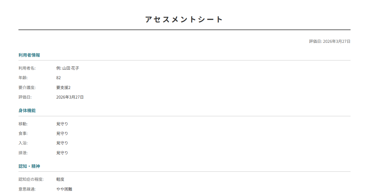アセスメントシートテンプレート。利用者の心身状態を項目別に評価。