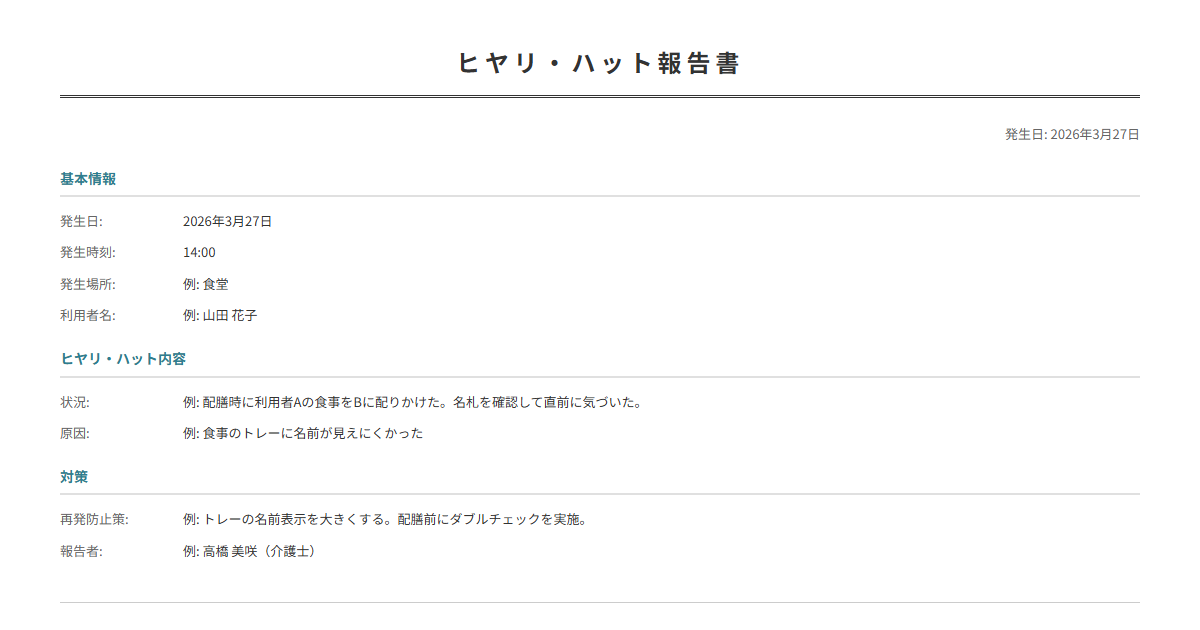 ヒヤリ・ハット報告書テンプレート。事故未遂の状況と対策を記録。