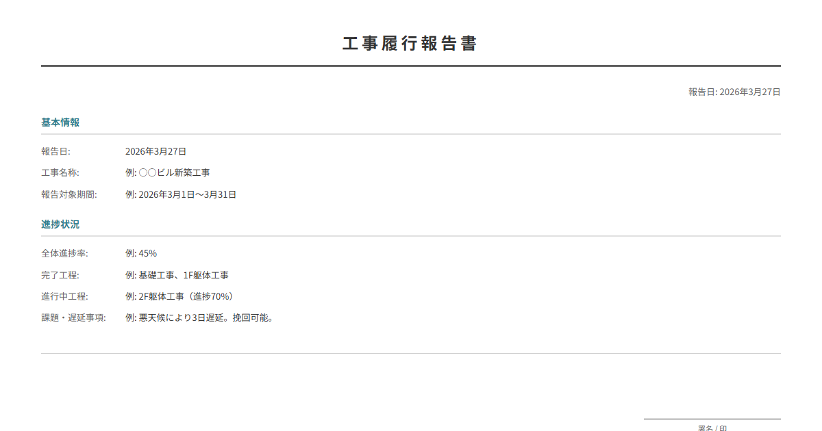 工事履行報告書テンプレート。工事の進捗状況を定期報告。