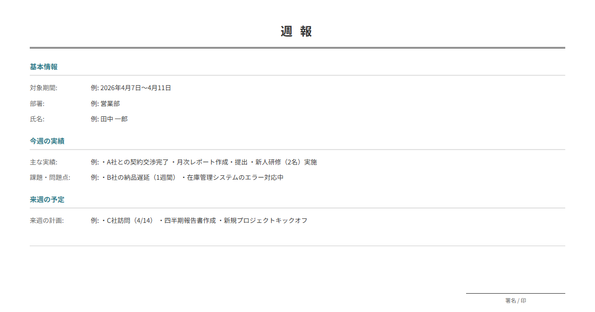 週報テンプレート。今週の実績・来週の予定を入力で週次報告書が完成。